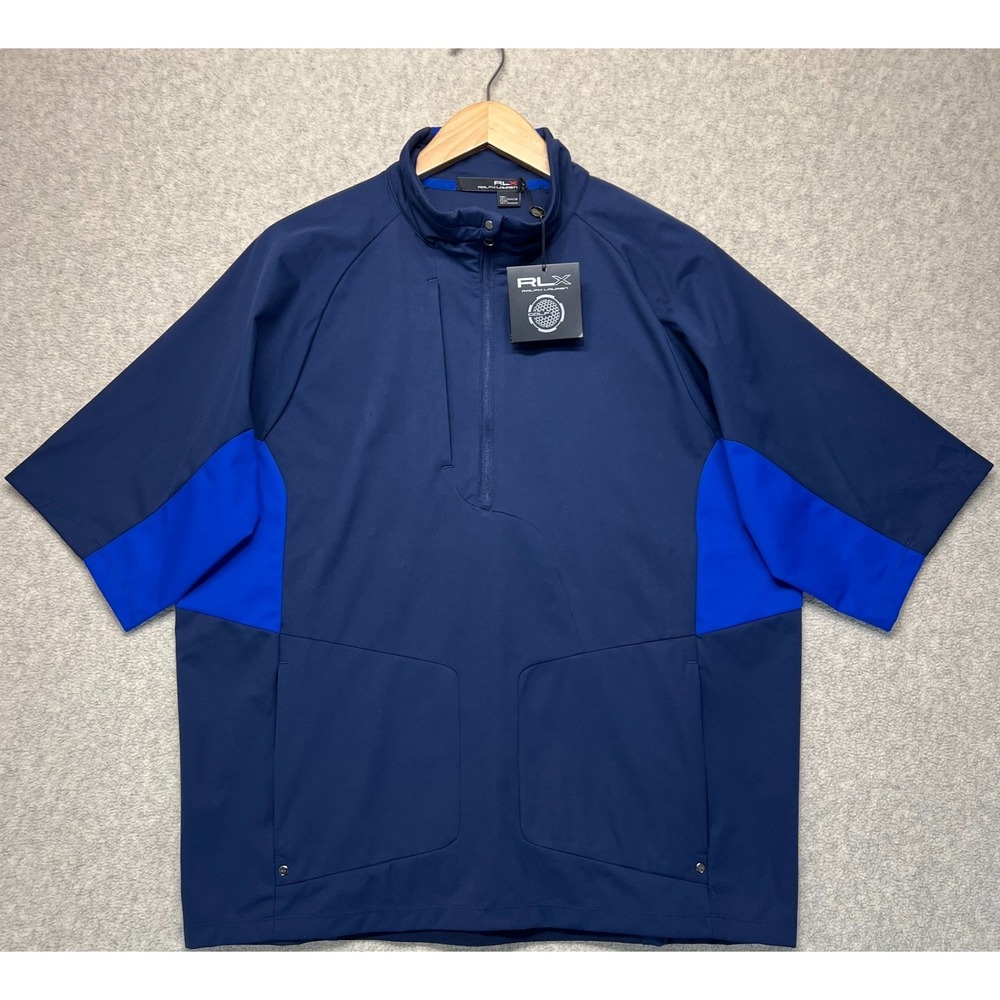 NWT RLX Ralph Lauren Mens Golf Pullover Jacket Dark Blue Short Sleeve 1/2 Zip L‎